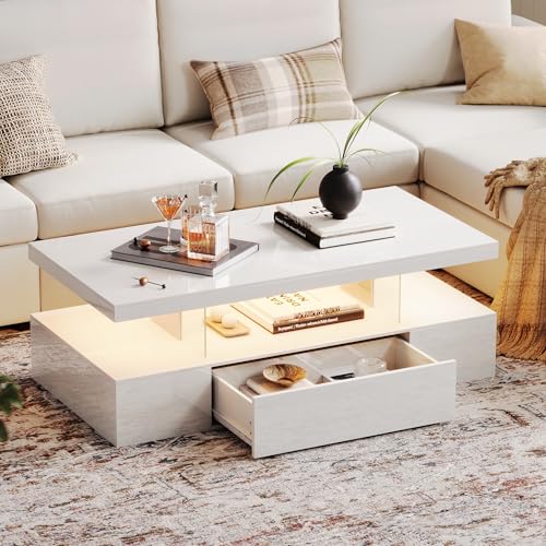 ChooChoo Modern LED Coffee Table, High Glossy Center Table with Drawer, Rectangle Coffee Table with Storage for Living Room, Bedroom, White