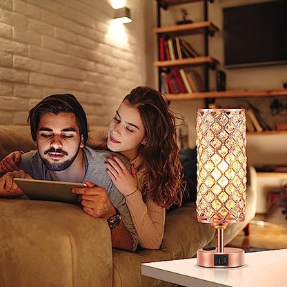 Hong-in Rose Gold Lamp Set of 2, 3-Way Crystal Table Lamp Touch Control with USB-C+A & AC Ports, Dimmable Nightstand Desk Light, Pink Bedside Table Lamp for Bedroom(Bulb Included & Set of 2) - color: Rose Gold