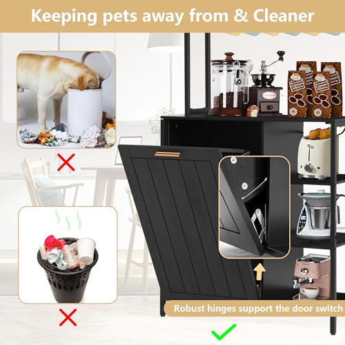 Kitchen Bakers Rack with Storage Shelf - 6-Tier Microwave Stand Oven Cabinet W/Tilting Trash Can Bin and Power Outlet, Farmhouse Thickened Coffee Bar Table Station W/6 Hooks&Adjustable feet - color: Black