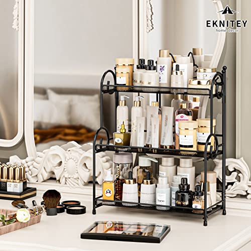 EKNITEY Bathroom Counter Organizer - 3 Tier Spice Rack(No Assembly) | Skincare Countertop Organizers, for Bathroom Kitchen Bedroom, Sturdy Metal Frame, Easy to Clean, Foldable, Black - color: Black