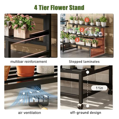 4-Tier Metal Plant Stand on Wheels, 31x24x65 H, 440 lbs Cap. | Sturdy Black Iron Tiered Plant Stand, Stair Shape Display Rack for Indoor & Outdoor Use in Home, Garden, Retail - size: 31in