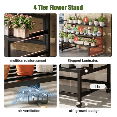 4-Tier Metal Plant Stand on Wheels, 39x24x65 H, 440 lbs Cap. | Sturdy Black Iron Tiered Plant Stand, Stair Shape Display Rack for Indoor & Outdoor Use in Home, Garden, Retail - size: 39in