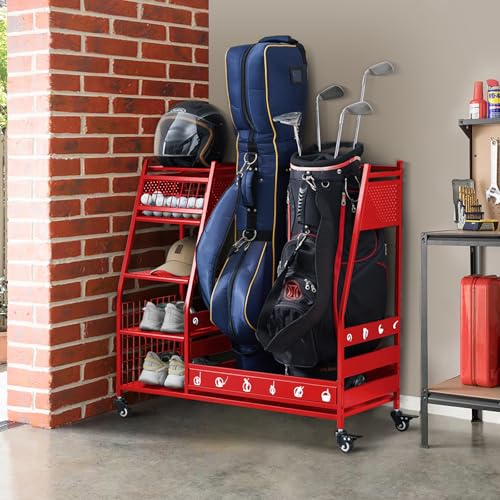 Lauren&Harold Golf Bag Organizer Garage Storage, Golf Storage Rack Stand Fits 2 Golf Bags, Golf Clubs and Other Golfing Equipment Accessories, Golf Organizer for Garage, Club, Shed, Basement - color: Red, size: Middle