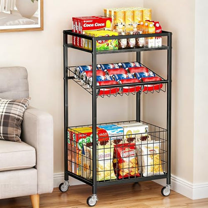 Fruit Vegetable Cart, 3-Tier Snack Cart on Wheels & Wood Top, Black | Vegetable Rack For Kitchen, Kitchen Cart Organizer for Fruit, Vegetables, Potato, Snack - color: Black, style: 3-Tier