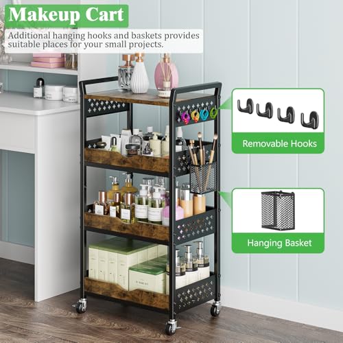 4 Tier Rolling Storage Utility Snack Cart on Wheels | durable metal and wood frame, suitable for kitchen bathroom pantry vanity bedroom living room dorm, no shake, move smoothly