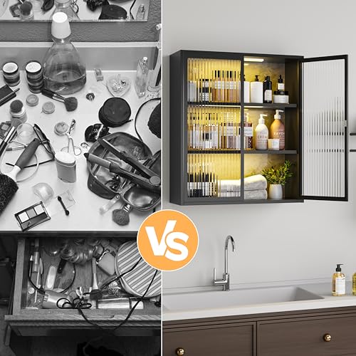 3-Tier Bathroom Wall Cabinet with 2 LED Light | Metal Medicine Cabinet with Glass Doors, Laundry Room Cabinets Storage, Black Over Toilet Modern Storage Cabinet for Bathroom - style: Full Glass Door Black