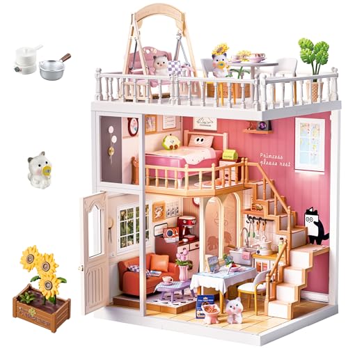 2-Story Loft Miniature House Kit, Cat-Themed DIY Dollhouse for Adults with Living Room Kitchen Bedroom Balcony, Collectible Plastic Miniature Building Set, Home Decor Gift for Women - color: Cat-themed Loft, size: Large