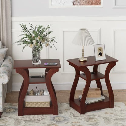 FROMJBEST End Tables Living Room Set of 2,Cherry End Table with Charging Station,Side Table, Nightstand for Bedroom, 3 Tier End Table with Storage Shelf for Living Room(Cherry) - color: Cherry