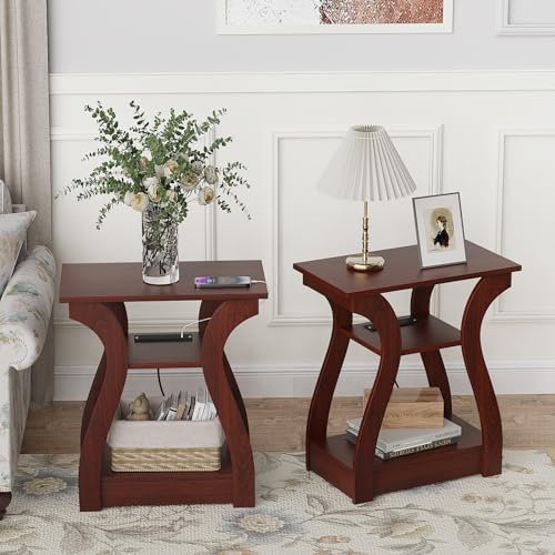 FROMJBEST End Tables Living Room Set of 2,Cherry End Table with Charging Station,Side Table, Nightstand for Bedroom, 3 Tier End Table with Storage Shelf for Living Room(Cherry) - color: Cherry