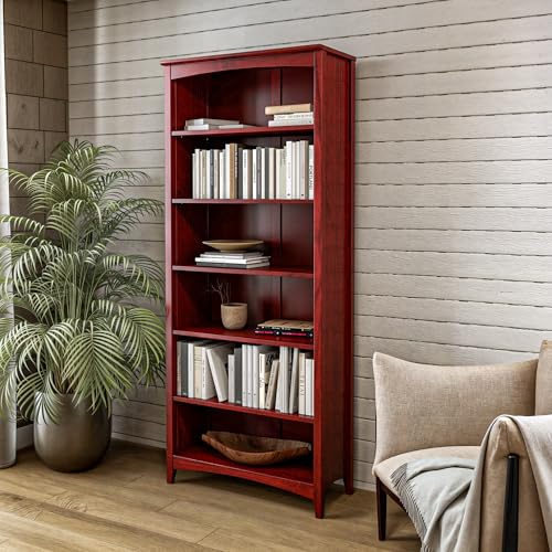 Camaflexi Shaker Style 6 Shelf Bookcase/Solid Wood / 72" High/Adjustable Shelving/Closed Back/Display Bookshelf for Living Room, Bedroom, Home and Office, Red Garnet Stain - color: Red Garnet Stain, size: 72"
