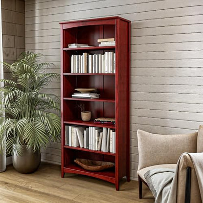 Camaflexi Shaker Style 6 Shelf Bookcase/Solid Wood / 72" High/Adjustable Shelving/Closed Back/Display Bookshelf for Living Room, Bedroom, Home and Office, Red Garnet Stain - color: Red Garnet Stain, size: 72"