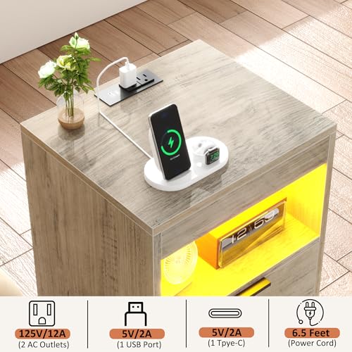 Gadroad LED Nightstand with Charging Station, Bedside Table with USB Ports & Power Outlets, Modern Night Stand with Drawers for Bedroom Small Spaces, Grey - color: Grey