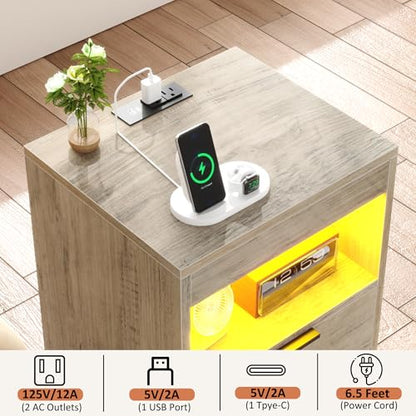 Gadroad LED Nightstand with Charging Station, Bedside Table with USB Ports & Power Outlets, Modern Night Stand with Drawers for Bedroom Small Spaces, Grey - color: Grey