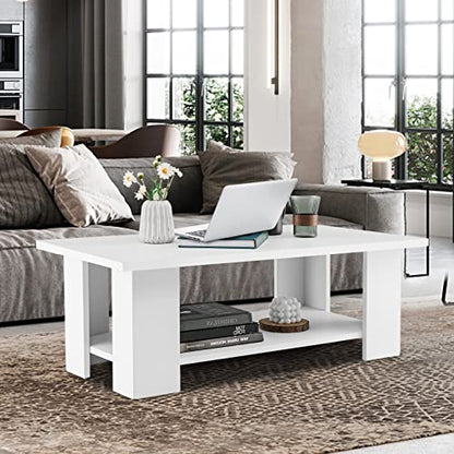 Tangkula 2-Tier Coffee Table, Modern Rectangular Center Cocktail Table with 5 Support Legs, Wooden Accent Living Room Furniture, Small Coffee Table for Small Spaces, Easy Assembly (White) - color: White