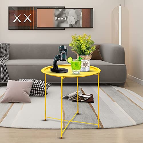Garden 4 you End Table 2 PCS Metal Side Table Yellow Round Folding Tray Cyan Sofa Small Accent Fold-able Table, Round End Table Tray, Next to Sofa Table, Snack Table for Living Room and Bed Room - color: Yellow