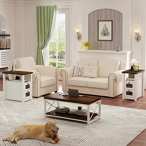 HDDDZSW Farmhouse XXL End Table with Charging Station, Narrow Side Table with USB Ports and Outlets, Nightstand with 2 Drawers Storage, Bedside Tables for Living Room, Bedroom, Rustic Walnut White - color: White