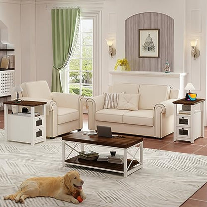 HDDDZSW Farmhouse XXL End Table with Charging Station, Narrow Side Table with USB Ports and Outlets, Nightstand with 2 Drawers Storage, Bedside Tables for Living Room, Bedroom, Rustic Walnut White - color: White