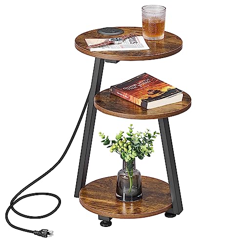 BEWISHOME Round End Table with Charging Station, Side Table Accent Nightstand Bedside Table with 3-Tier Shelves, Small Couch Table for Living Room Bedroom Rustic Brown KTZ51Z - color: Rustic Brown, size: with PowerOutlet