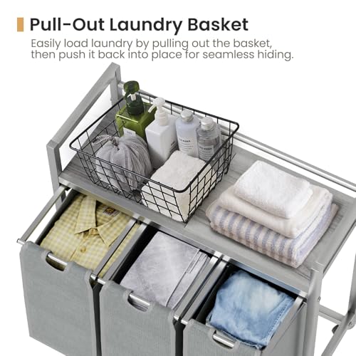 SwaaVee Laundry Sorter, Laundry Hamper 3 Section, 3×11.4Gal, Metal Frame Rolling Laundry Basket with Wooden Top Shelf, Pull out and Removable Laundry Bags, 3 Bags-Gray - color: Grey