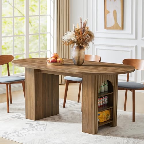 weselon 70.8" Oval Dining Table with Dual Side Storage Shelves, Rustic Farmhouse Table for 4–6 People, Modern Wooden Round Dinner Table for Kitchen, Reception, or Living Room (Walnut, Table Only) - color: Walnut, size: 70" Oval (Side Storage Shelves)