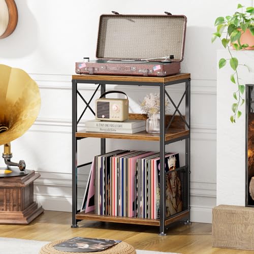 Simple Trending Record Player Stand, Turntable Stand with Vinyl Storage Holds Up to 200 Albums, Record End Table for Living Room, Rustic Brown - size: Upgraded Model