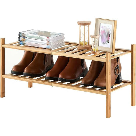 2-Tier Bamboo Shoe Rack for Entryway, Stackable | Heavy Duty | Multi-Function, Free Standing Shoe Racks for Bedroom Hallway Closet - color: Natural, size: 2-Tier-Standard