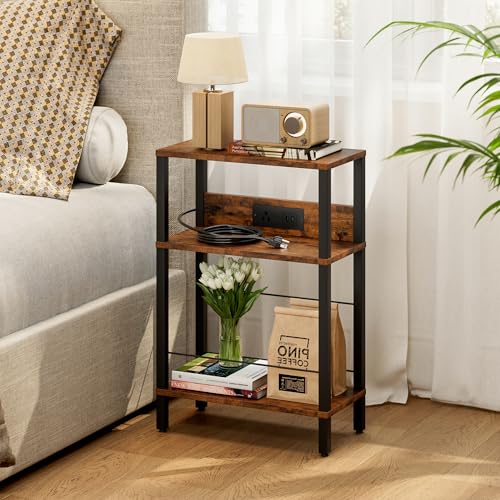 DGSANDGO Narrow Side Table (Rustic Brown) - Nightstand with Charging Station (2 USB + 1 AC Outlet), 3-Tier End Table for Balcony/Kid's Room/Bedroom - color: Rustic Brown, size: Drawer Wide-24.4"H 1 PC