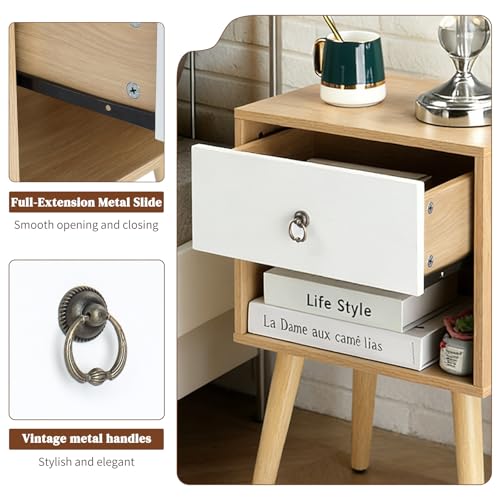 Bonnlo Nightstand Set of 2, Modern Bedside Table with Drawer Open Shelf, End Table with Solid Wood Legs for Bedroom, Oak - color: White+oak, size: 1 Drawer 1 Shelf