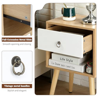 Bonnlo Nightstand Set of 2, Modern Bedside Table with Drawer Open Shelf, End Table with Solid Wood Legs for Bedroom, Oak - color: White+oak, size: 1 Drawer 1 Shelf