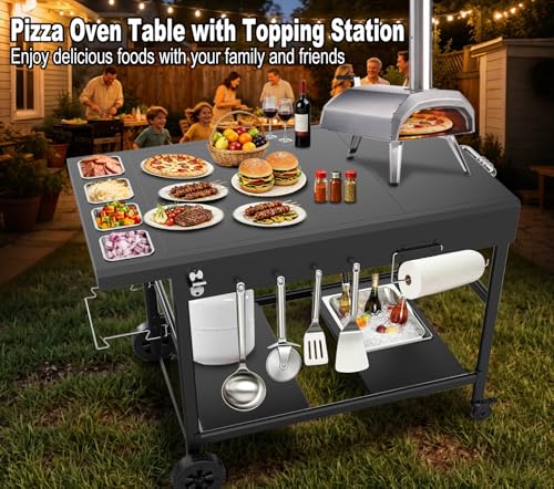 Outdoor Pizza Oven Table with Topping Station | Propane Tank Stand, Beverage Storage Tray, Seasoning Boxs, 4 Wheels, Hooks, Pizza Oven Table for Patio, Kitchen, Backyard
