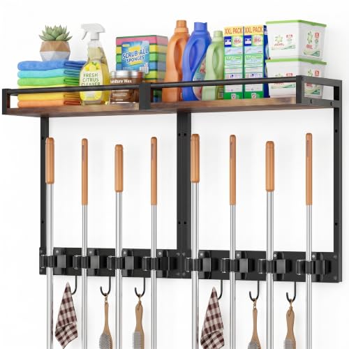 Broom Holder Wall Mount with Shelf, 15.7" Wx6.7 Dx15.7 H, 2 Packs | Load 66LBS, 4 Mop Hanger Grippers, 3 Hooks, for Laundry Room, Garage, Utility Closet, Kitchen - style: 2 Packs