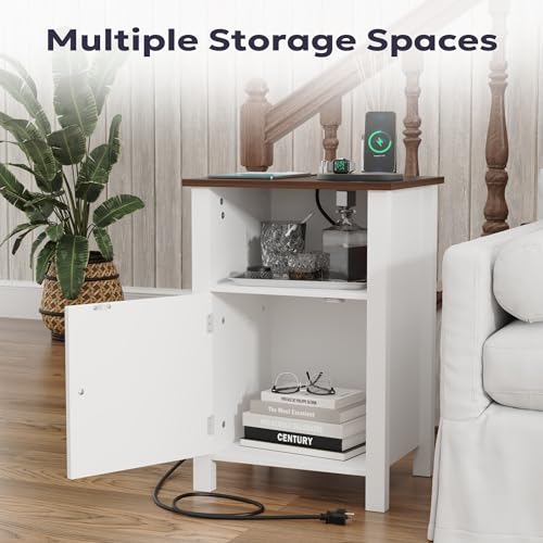 Furnify Farmhouse Nightstand Set of 2, Night Stand with Charging Station and USB Port, Modern Nightstand with Storage Shelf, Rustic Side Table with Open Space, Side Table for Bedroom, White - color: White