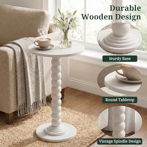 Round Side Table for Small Spaces, Modern Pedestal End Table with Solid Wood Spindle Leg, Small Drink Table Accent Nightstand for Living Room, Bedroom, Sofa Side, Apartment & Office, White - color: White