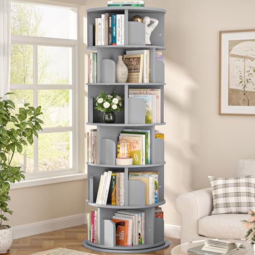Aheaplus 6 Tier Rotating Bookshelf, Wood Spinning Bookshelf Tower, Round Revolving 360 Bookcase, Narrow Turning Book Shelf Rolling Corner Organizer for Small Space, Bedroom, Office, Grey - color: Grey, size: 6-Tier