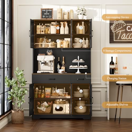 HOSTACK 71" Pantry Cabinet with Charging Station, Tall Kitchen Pantry Storage Cabinet with Microwave Stand, Farmhouse Kitchen Hutch with Storage Drawers for Living Room, Dining Room, Black - color: Black/Rustic Brown