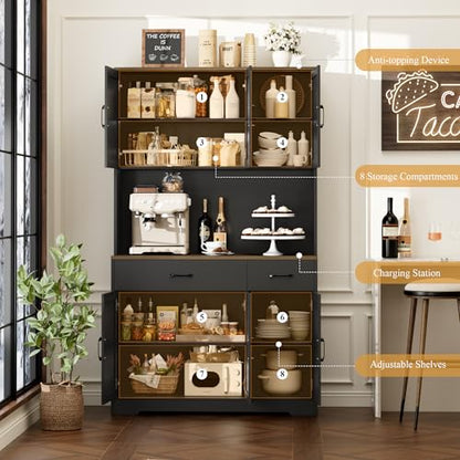 HOSTACK 71" Pantry Cabinet with Charging Station, Tall Kitchen Pantry Storage Cabinet with Microwave Stand, Farmhouse Kitchen Hutch with Storage Drawers for Living Room, Dining Room, Black - color: Black/Rustic Brown