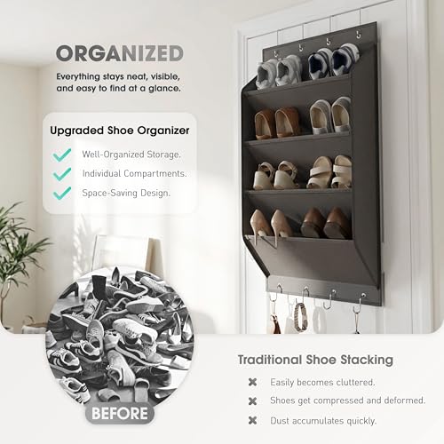 WVM Over The Door Shoe Organizer with Large Deep Pockets, Hanging Closet Shoe Rack for Large Shoes, Boots, Multifunctional Entryway Door Hanger with Hooks - style: New Grey