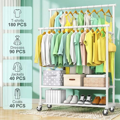 Double Rods Clothes Rack for Hanging Clothes, Heavy Duty Rolling Clothing Rack with Wheels, Freestanding Garment Racks with Oxford Bottom Shelf and Mesh Bottom Shelf for Bedroom Laundry (White) - color: White