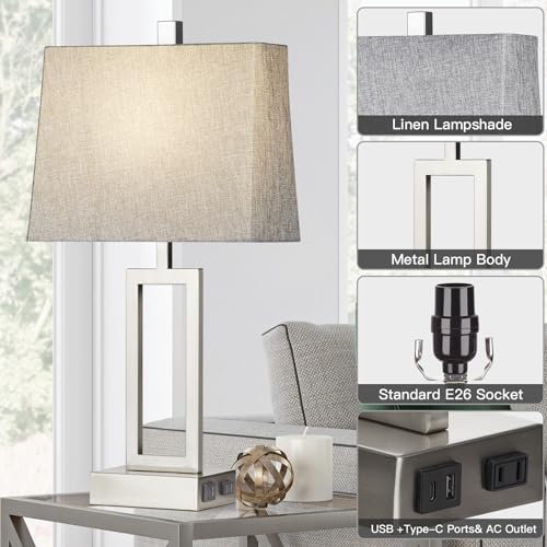 Rinweey 23.5" Touch Control Table Lamps Set of 2, Modern Silver Bedside Lamps with USB A+C Ports & AC Outlet, 3 Way Dimmable Contemporary Nightstand Lamps for Bedroom Living Room(2 LED Bulb Included) - color: Silver