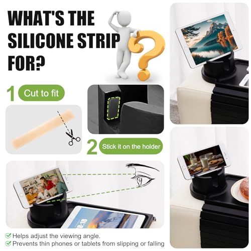 Couch Cup Holder Tray - 3 in 1 Sofa Arm Tray with 360° Rotating Cup Holder & Phone Stand,Fits Various Couches Arm Widths - Anti-Slip Foldable Couch Arm Tray for Snacks, Cellphone Remote - color: Black
