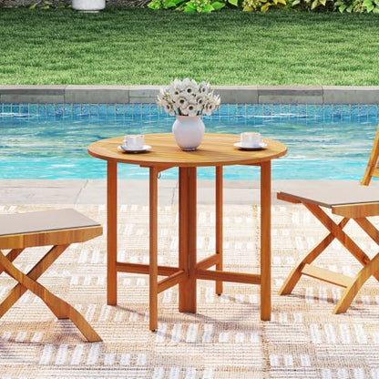 Tangkula 36 Inches Outdoor Folding Round Dining Table, No Assembly Patio Acacia Wood Bistro Table with Slatted Tabletop, 4-Person Outside Dining Furniture for Backyard, Porch, Balcony - size: 36"