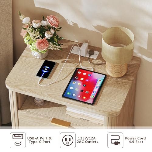 Fluted Nightstand, Night Stand with Charging Station, Mid Century Modern Bedside Table with Drawer & Open Shelf, Curved Profile Design, End Side Table with Storage for Bedroom, Oak - color: Natural Oak