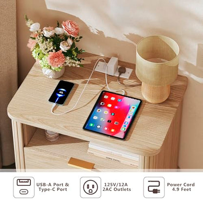 Fluted Nightstand, Night Stand with Charging Station, Mid Century Modern Bedside Table with Drawer & Open Shelf, Curved Profile Design, End Side Table with Storage for Bedroom, Oak - color: Natural Oak