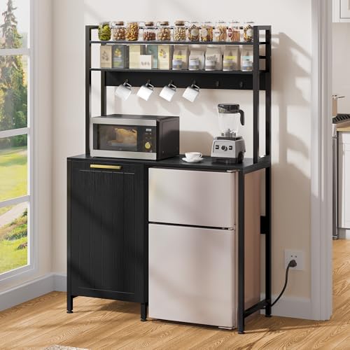DWVO Fridge Stand with Tilt Out Trash Can Fit 10 Gallon | Mini Storage Bakers, Kitchen Rack with Power Outlets, Freestadning Coffee Bar Cabinet, 3-Tiers Coffee Stand Station - style: Antique-Black