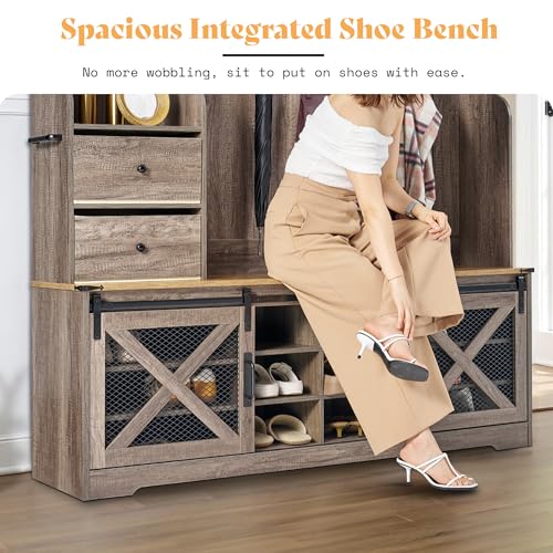 AMERLIFE 75"H 7-in-1 Farmhouse Hall Tree with Bench and shoe storage, LED Entryway Bench with Coat Rack, 12 Shoe Cubbies, 2 Drawers, Barn Doors & Adjustable Shelf, Mudroom Hallway Cabinet, Rustic Grey - color: Rustic Grey