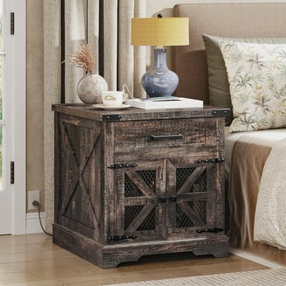 RALGEND Farmhouse End Table with Charging Station, 24" Large Sofa Side Table with Drawer, Large End Table for Living Room, Wooden Nightstand with Outlet, Square, Dark Rustic Oak - color: Dark Rustic Oak