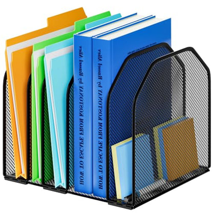 FUCDTEFC Desk File Organizer, Adjustable 5 Sections Upright Desktop Organizer File Sorter, Sturdy Metal Mesh Vertical Bookshelf File Holder Workspace Accessories for Home,School,Office Classroom,Black