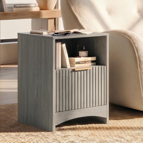 Marsail Fluted Nightstand Set of 2, Wooden Nightstands with Drawers, Modern Bedside Table with Charging Station and Storage, End Table with Storage Side Table for Bedroom, Grey - color: Grey