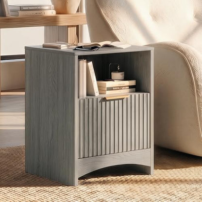 Marsail Fluted Nightstand Set of 2, Wooden Nightstands with Drawers, Modern Bedside Table with Charging Station and Storage, End Table with Storage Side Table for Bedroom, Grey - color: Grey