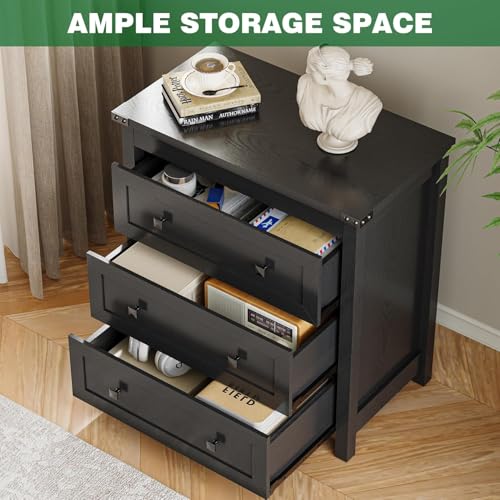 Xixini Farmhouse Nightstand with 3 Storage Drawers, 27.55" Wide Wood Bedside Table, Modern Side Table with Metal Handle, End Table for Bedroom, Black - color: Black